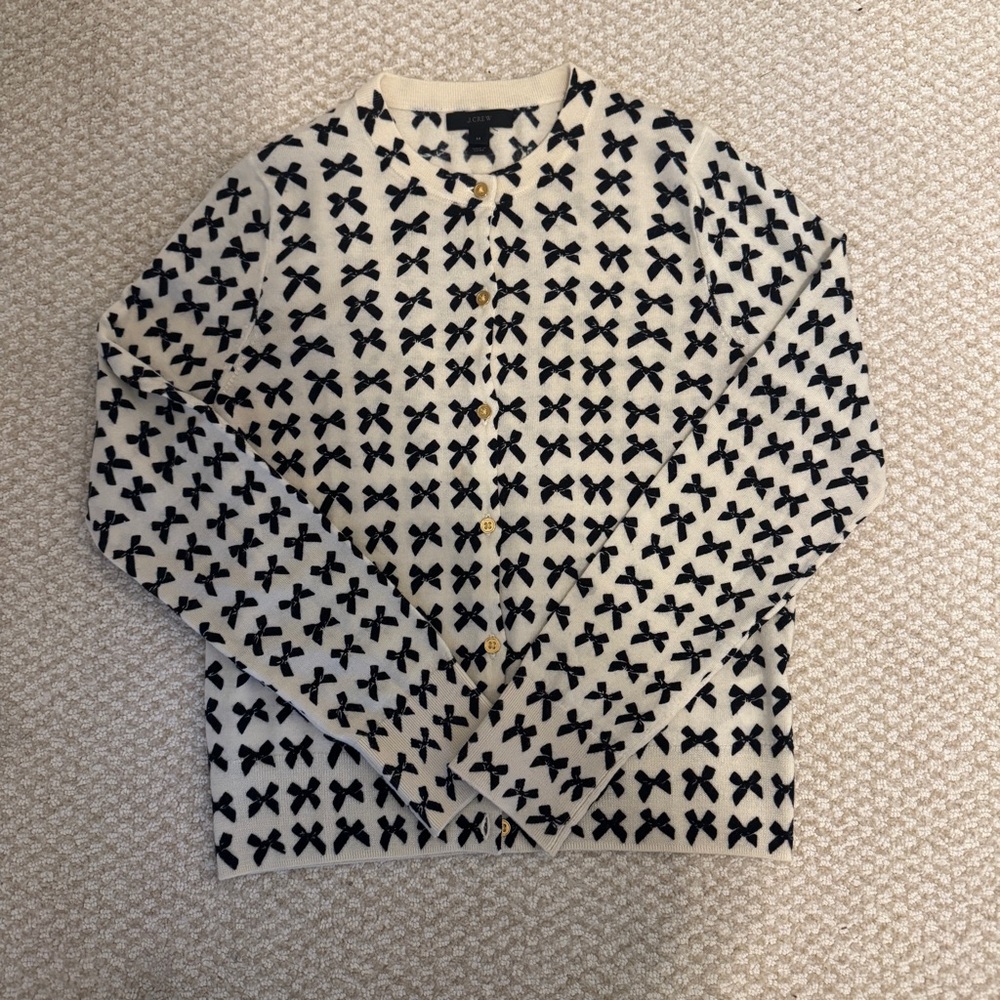 J. Crew Cream and Black Size Medium Bow Patterned Cardigan